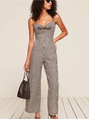 Reformation ‘Dominica’ Black & White Gingham Tie-Front Jumpsuit (6)